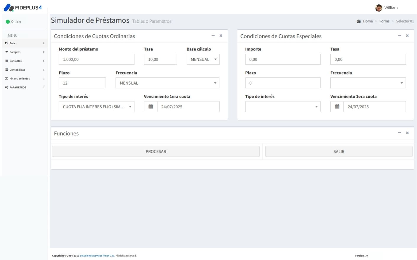 Interfaz de software gestión de préstamos FidePlus4